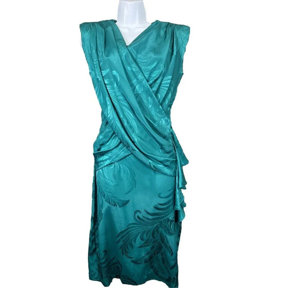 BB Collection VTG 80’s Formal Cocktail Wrap Dress Size 4 Silk Emerald Jacquard - Picture 1 of 10
